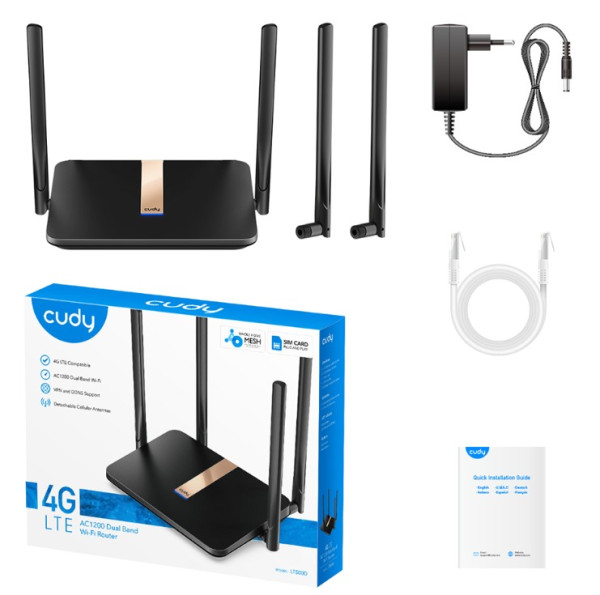 -Up to 150/50Mbps LTE speed-AC1200 Wi-Fi for a smoother experience-2 * Detachable 4G Antennas-Multiple VPN protocols build security connections-Flexible WAN/LAN port for dual connectivity-Compatible with 15+ DDNS providers-DNS over Cloudflare/NextDNS/GoogleDRAM: 128MB DDR2FLASH: 16M SPI FlashInterface: 3 x RJ45 10M/100M  LAN Ethernet interfaces1 x RJ45 10M/100M WAN Ethernet interface1 x Reset Button1 x WPS Button1 x SIM Slot (Nano)Antenna	2 * WiFi Antennas and 2 * LTE AntennasGain: 	5dBiWi-Fi Frequency	2.4GHZ