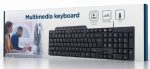 Udobna za kucanje Tastatura pune veličine 111-tastera standardna tastatura +9 praktičnih multimedijalnih tastera za internet i muziku Boja: crna Dimenzije: 410x133x23mm Težina: 420g Dužina kabla: 130cm